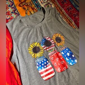 Gray Tank Top with Sunflower and Patriotic Jar Print